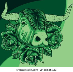 vector illustration of Cow and roses on white background.