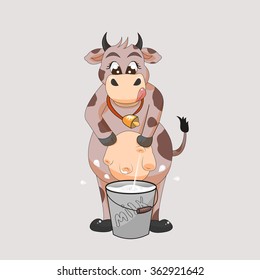 Vector illustration of a cow. She milking itself.