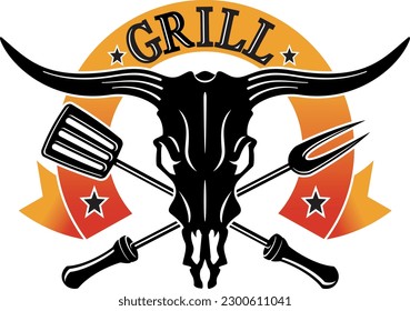 vector illustration of Cow skull with crossed fork and spatula