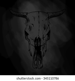 Vector illustration of cow skull on black background. Face view.