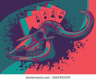 vector illustration of cow skull vwith poker aces