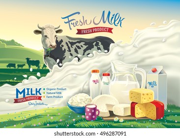 Vector illustration with a cow, a splash of milk and a set of dairy products: cheese, milk, yogurt, against the background of a rural landscape.