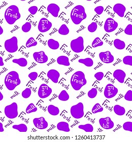 Vector illustration, cow spots seamless pattern. Violet color, "Fresh milk" hand drawn lettering