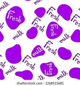 Vector illustration, cow spots seamless pattern. Violet color, "Fresh milk" hand drawn lettering