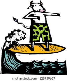 Vector illustration of a cow surfing