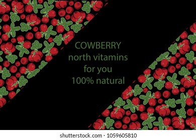 vector illustration of cowberry and leaf design with lettering cowberry background black and berry and text north vitamins for you 100% natural EPS10