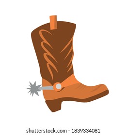 Vector illustration with cowboy boot on a white background isolated. Leather shoes for riding a horse in the style of flat. Beautiful shoes with spurs and heels. Western animation, cowboy game.