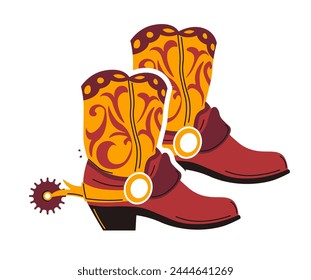 Vector illustration of cowboy boots with a fiery flame pattern, vibrant and bold.