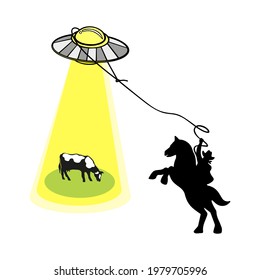 Vector illustration of a cowboy catching a flying saucer in his lasso. UFO kidnaps a cow. Concept aliens flew to the ranch. Isolated on white background. 