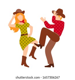 Vector Illustration With Cowboy And Cowgirl Dancing Country Western Dance, Isolated On White Background. Clip Art For A Poster Of A Dance Competition. Green, Red And Brown Colors, Retro Couple In Flat