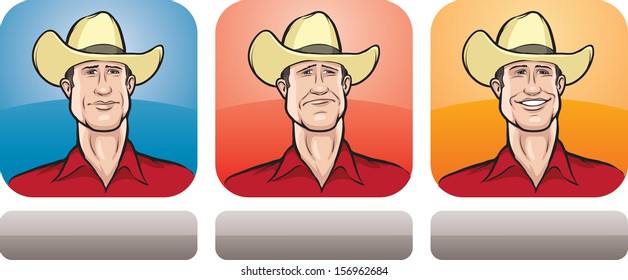 Vector illustration of cowboy face in three expressions: neutral, sad and happy - head and shoulders composition. Layered vector EPS10 format file.