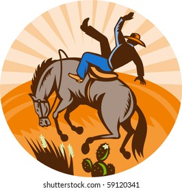 vector illustration of a cowboy falling off horse in the desert done in retro woodcut style.