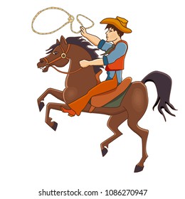 Vektorillustration-Illustration eines Cowboys, der auf einem Pferd galoppiert. Cartoon-Stil. Wild-West-Thema.
