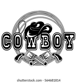 Vector illustration cowboy hat and crossed revolvers. Lettering cowboy.