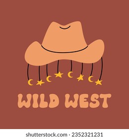 Vector illustration of cowboy hat and lettering in groovy style. Wild west text