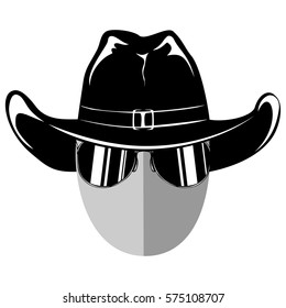 Vector illustration cowboy head silhouette with sunglasses in hat. 