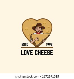 vector illustration. A cowboy holds a delicious cheese. Vintage Logo 