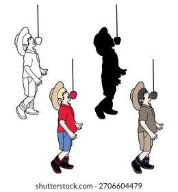 Ilustração vetorial do desafio de maçã de criança de cowboy em várias aparências