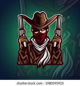 Vector Illustration cowboy mascota con máscara roja y portando una pistola para el compañero de equipo, adecuada para el logotipo de su equipo en el campo de las deportes, y también podría ser para camisetas, etiquetas, servicios, etc.