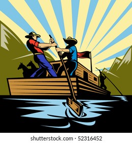 vector Illustration of a Cowboy man steering flatboat along river