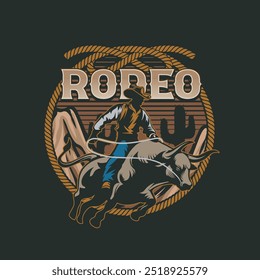 Vector Illustration of Cowboy Riding Bull with Vintage Illustration Available for Tshirt Design