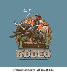 Vektorgrafik von Cowboy Riding Bull mit Vintage-Illustration für T-Shirt-Design verfügbar