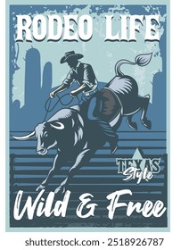 Vektorgrafik von Cowboy Riding Bull mit Vintage-Illustration für Poster verfügbar