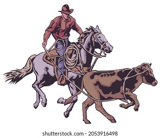 Vector illustration of Cowboy riding a horse is hunting cow