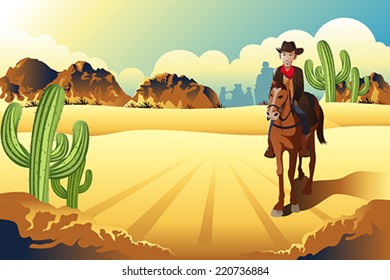 A vector illustration of cowboy riding a horse in the desert