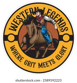  Vector Illustration of Cowboy Riding Horse with Detailed Vintage Illustration Available for Logo Badge