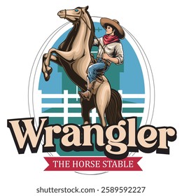  Vector Illustration of Cowboy Riding Horse with Detailed Vintage Illustration Available for Logo Badge