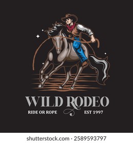  Vector Illustration of Cowboy Riding Horse with Detailed Vintage Illustration Available for Tshirt Design