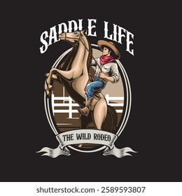  Vector Illustration of Cowboy Riding Horse with Detailed Vintage Illustration Available for Tshirt Design