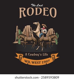  Vector Illustration of Cowboy Riding Horse with Detailed Vintage Illustration Available for Tshirt Design