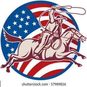 vector illustration of a cowboy riding horse with lasso and american flag