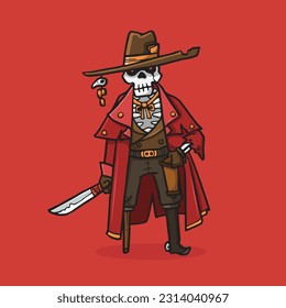 Vector illustration Cowboy skeleton standing and holding machete in hand drawn style
