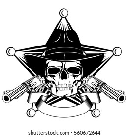 Vector illustration cowboy skull in hat and revolvers on sheriff star.