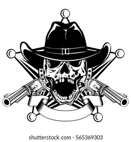 Vector illustration cowboy skull in hat and revolvers on sheriff star.