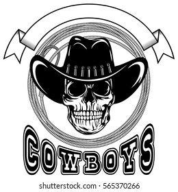 Vector illustration cowboy skull in hat and lasso. Lettering cowboys.