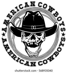 Vector illustration cowboy skull in hat and lasso. Lettering american cowboys.