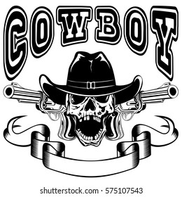 Vector illustration cowboy skull in hat and two revolvers. Lettering cowboy.