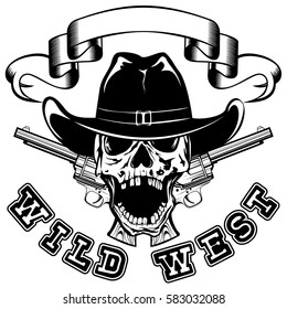 Vector illustration cowboy skull in hat and two revolvers. Lettering wild west.