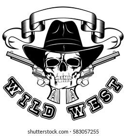 Vector illustration cowboy skull in hat and two revolvers. Lettering wild west.