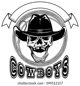 Vector illustration cowboy skull in hat and lasso. Lettering cowboys.