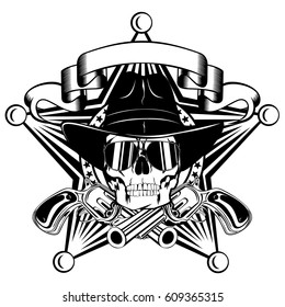 Vector illustration cowboy skull in hat and revolvers on sheriff star.