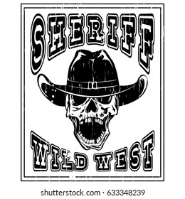 Vector illustration cowboy skull in hat and lettering american cowboys.