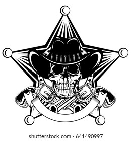 Vector illustration cowboy skull in hat and revolvers on sheriff star.