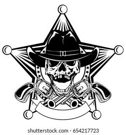 Vector illustration cowboy skull in hat and revolvers on sheriff star.