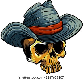 Vektorgrafik des Cowboy-Schädels auf weißem Hintergrund. Digitalhandzeichnung