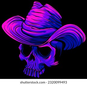 Vector illustration of Cowboy skull on black background
